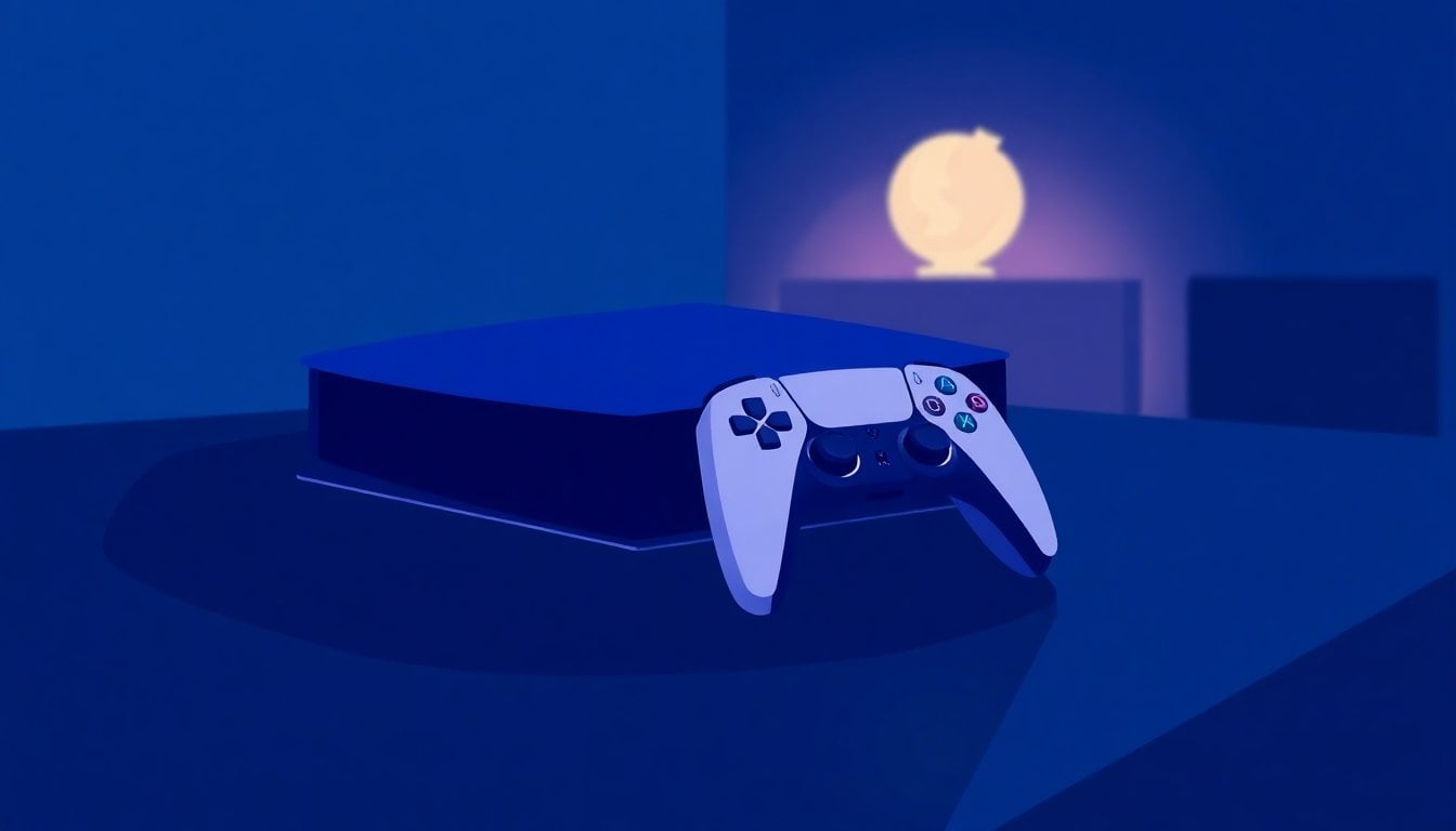 PlayStation 5 console and DualSense controller on a dark surface, moody gaming room lighting, close-up product shot, no people