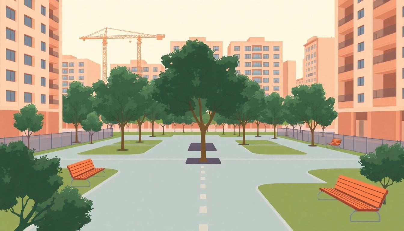 new urban plaza under construction in Buenos Aires with trees, benches, and pathways, residential buildings in background, daylight, no people in foreground