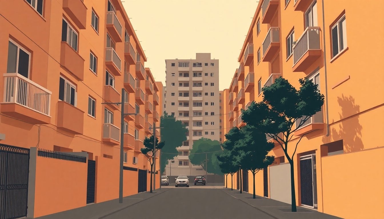 Fuerte Apache residential complex exterior, Buenos Aires outskirts, concrete housing blocks, narrow street, daytime