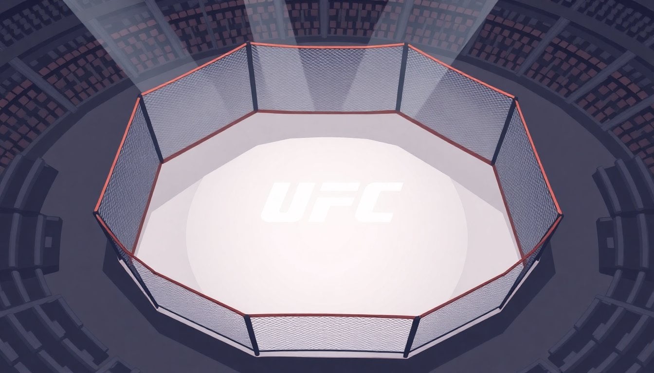 UFC octagon close-up view from above, empty canvas with UFC logo, arena lights reflecting on mat surface, no fighters
