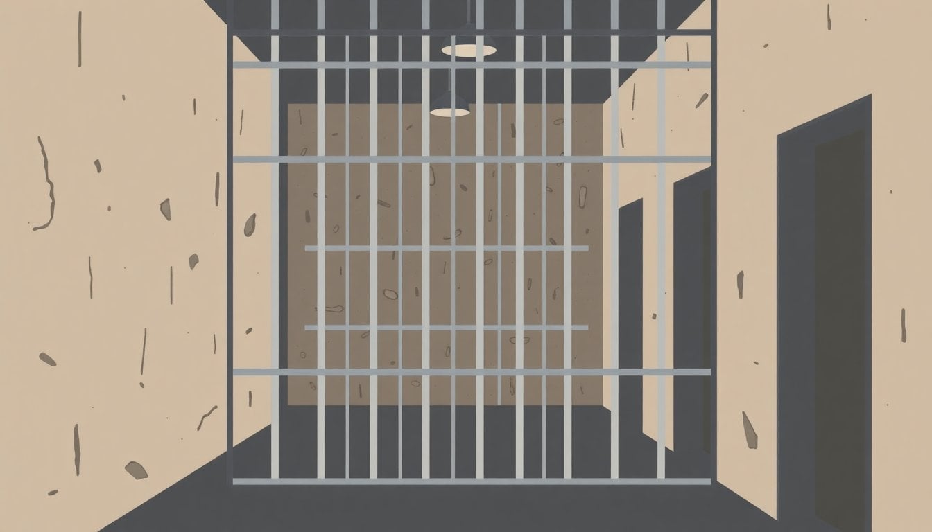 prison cell block interior with iron bars and concrete walls, high security Argentine penitentiary, dim lighting, no people