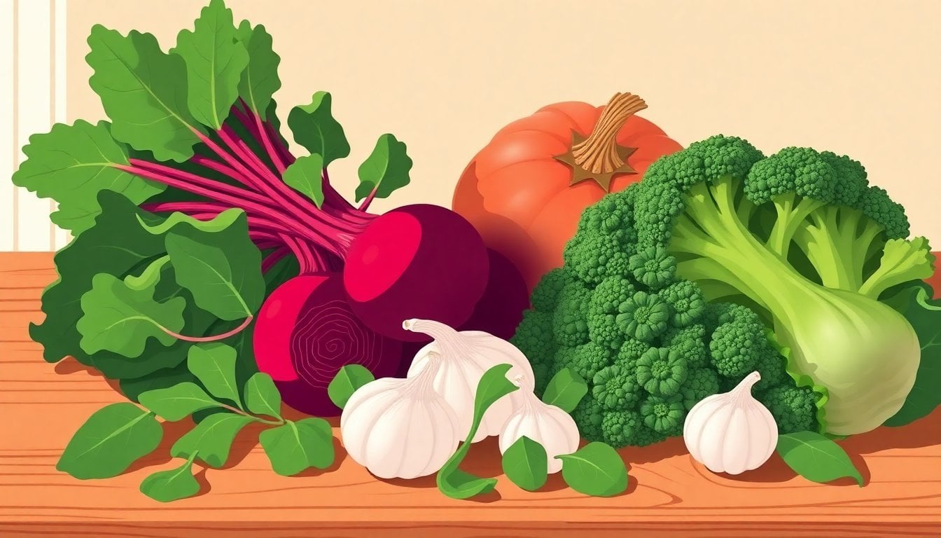 fresh beets spinach broccoli and garlic arranged on a wooden kitchen table, natural light, close-up of vegetables, no people