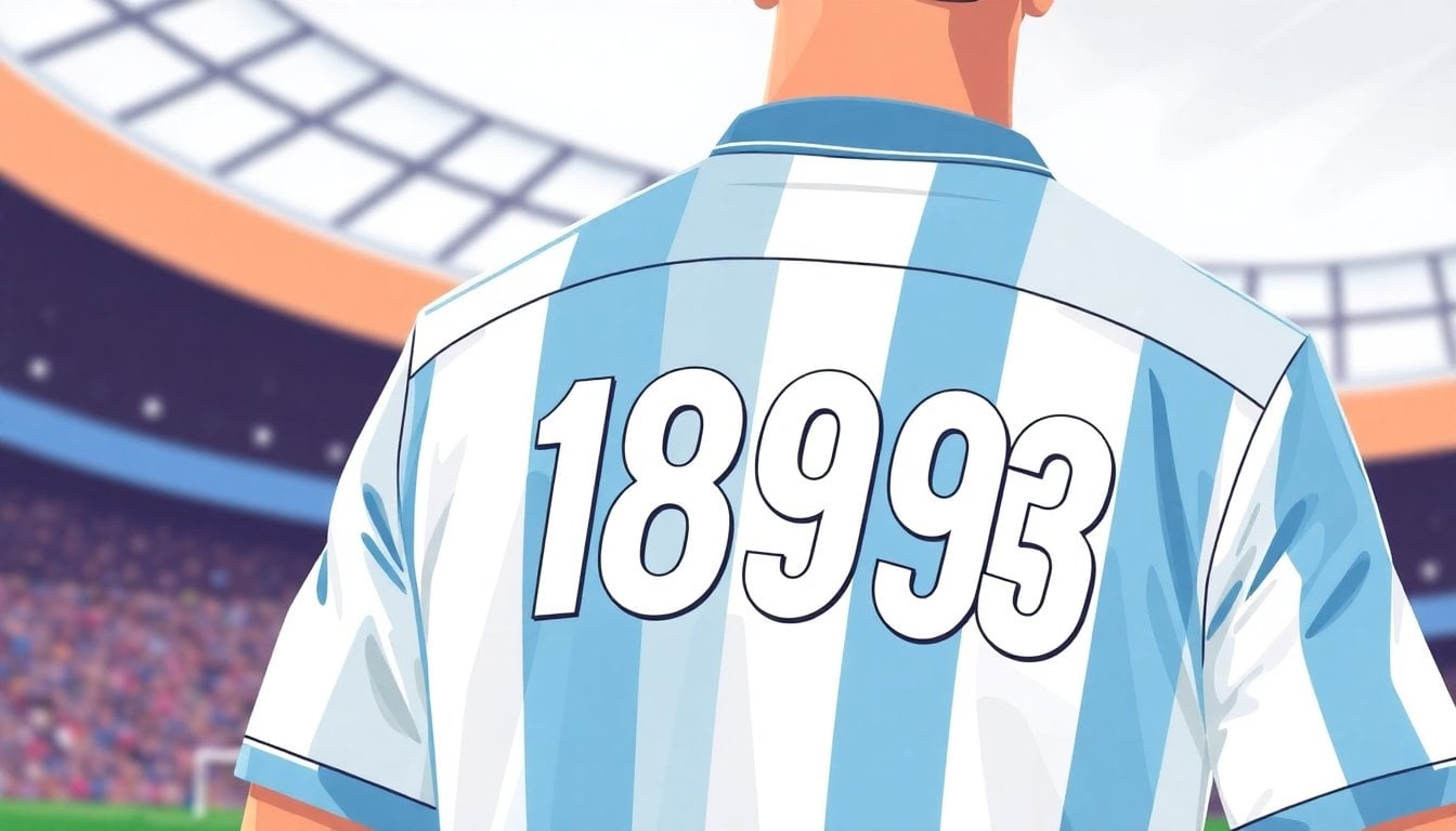 Argentina national football team jersey close-up showing number 1893 printed below collar on back, white and light blue stripes, fabric texture detail