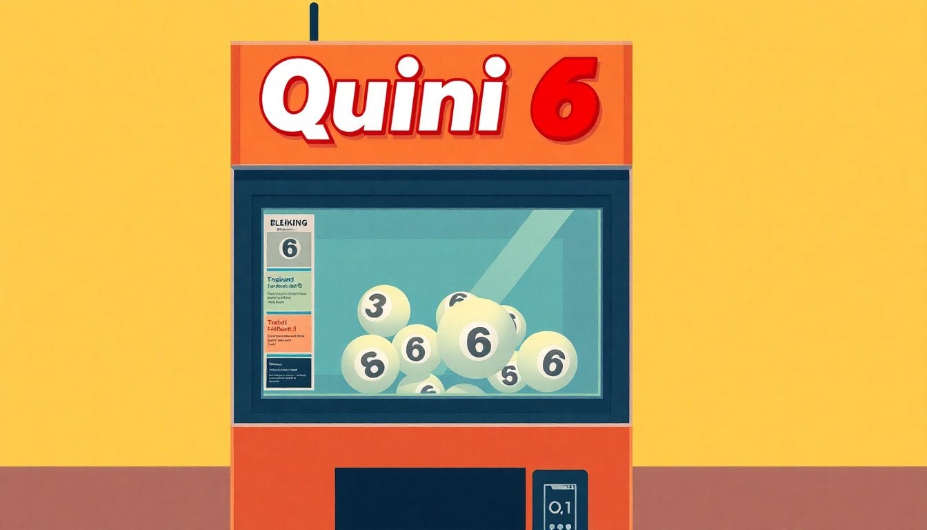 lottery ticket booth with colorful Quini 6 branding, Santa Fe Argentina, fluorescent lighting, close-up of numbered balls in lottery machine