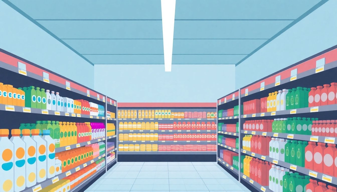 Argentine supermarket aisle with dairy and beverage products on shelves, price tags visible, fluorescent lighting, no people in frame