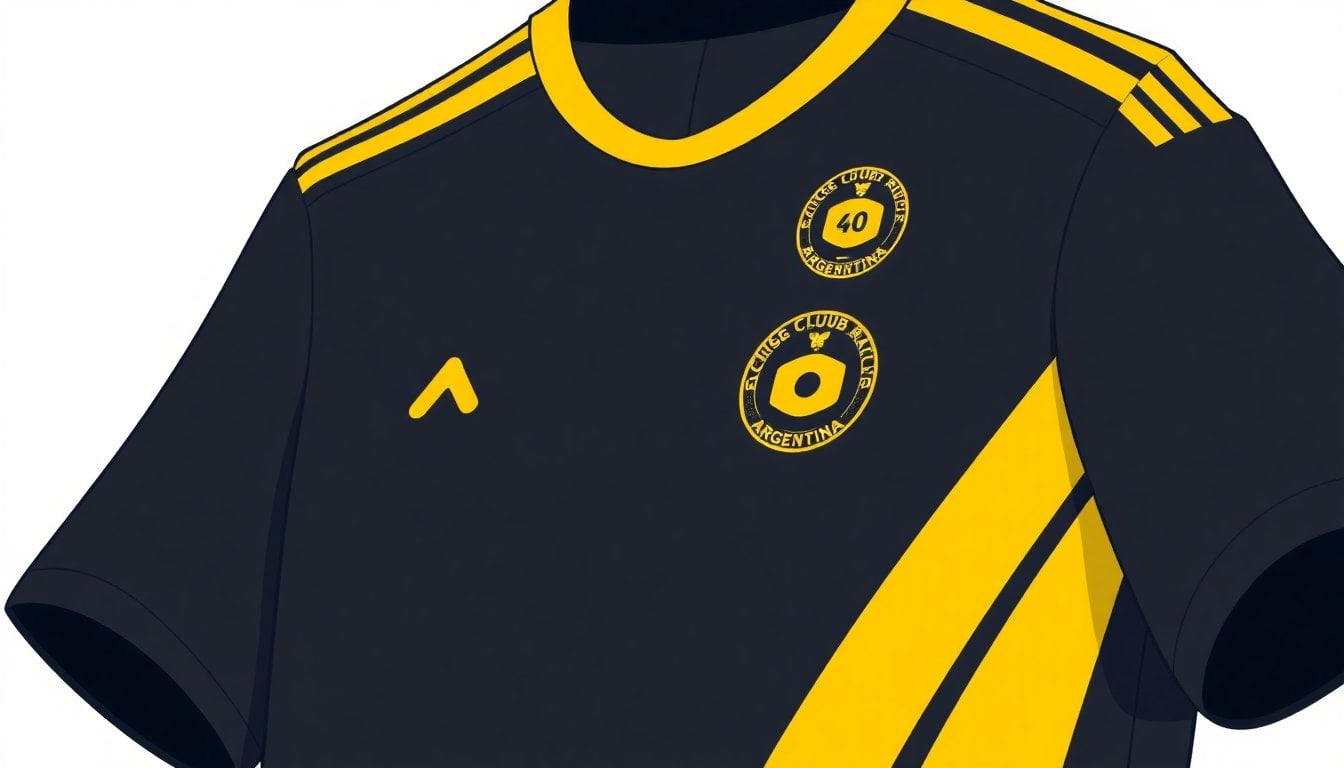 black and yellow Racing Club Argentina jersey on display, close-up of fabric and badge, white background, no people
