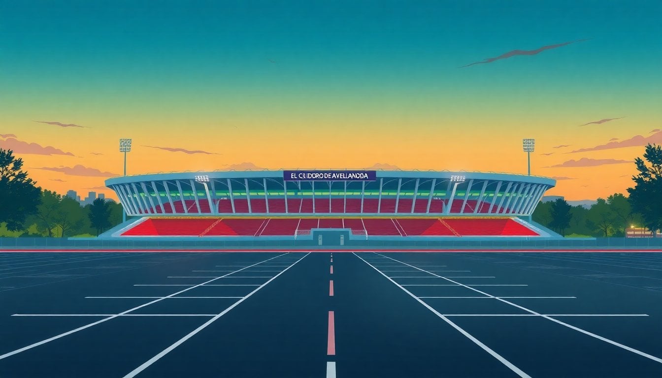 El Cilindro de Avellaneda stadium exterior facade at dusk, Racing Club Argentina, empty parking lot in foreground