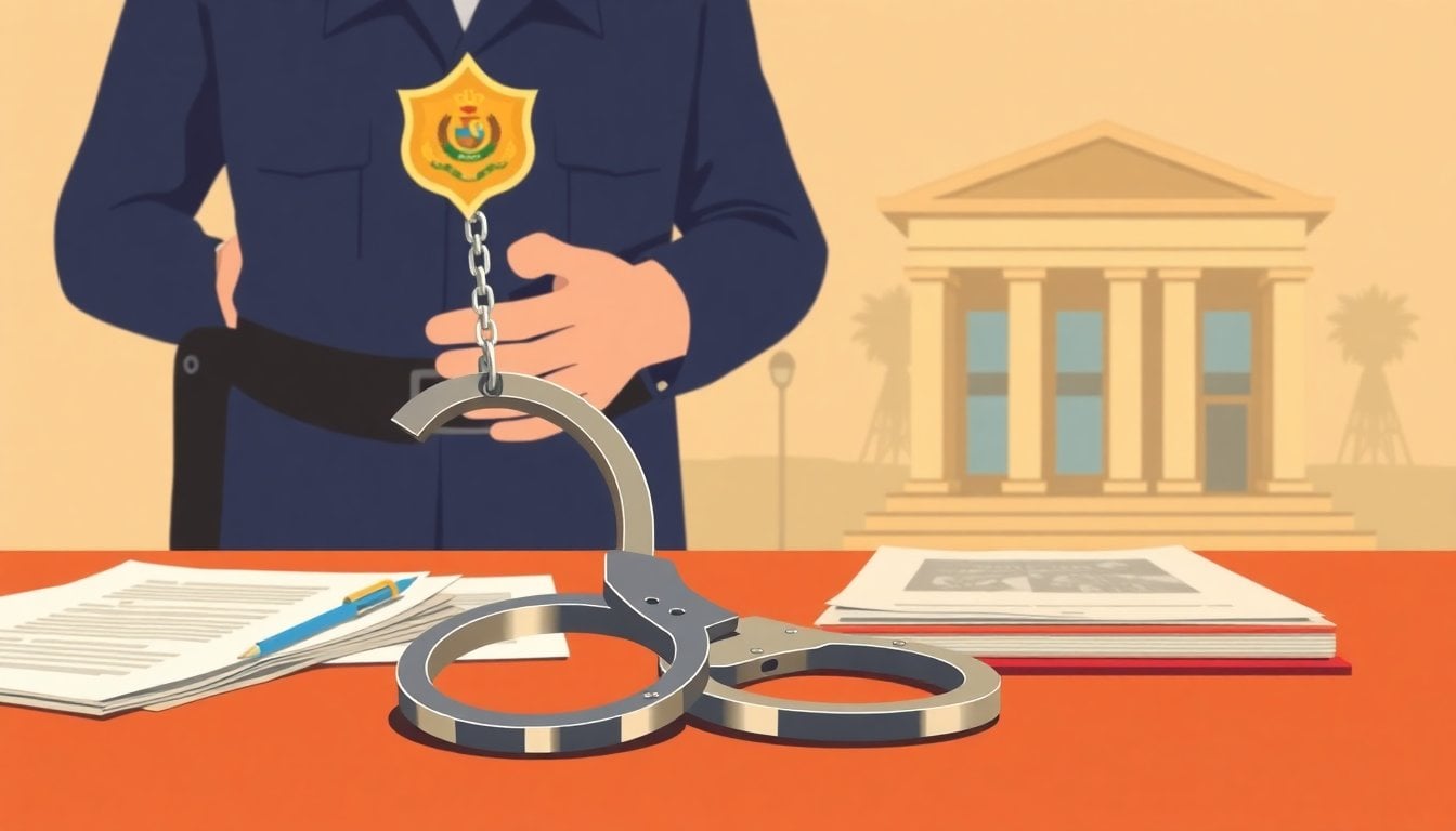 Argentine police handcuffs and badge on desk, investigation documents in background, Buenos Aires court building exterior
