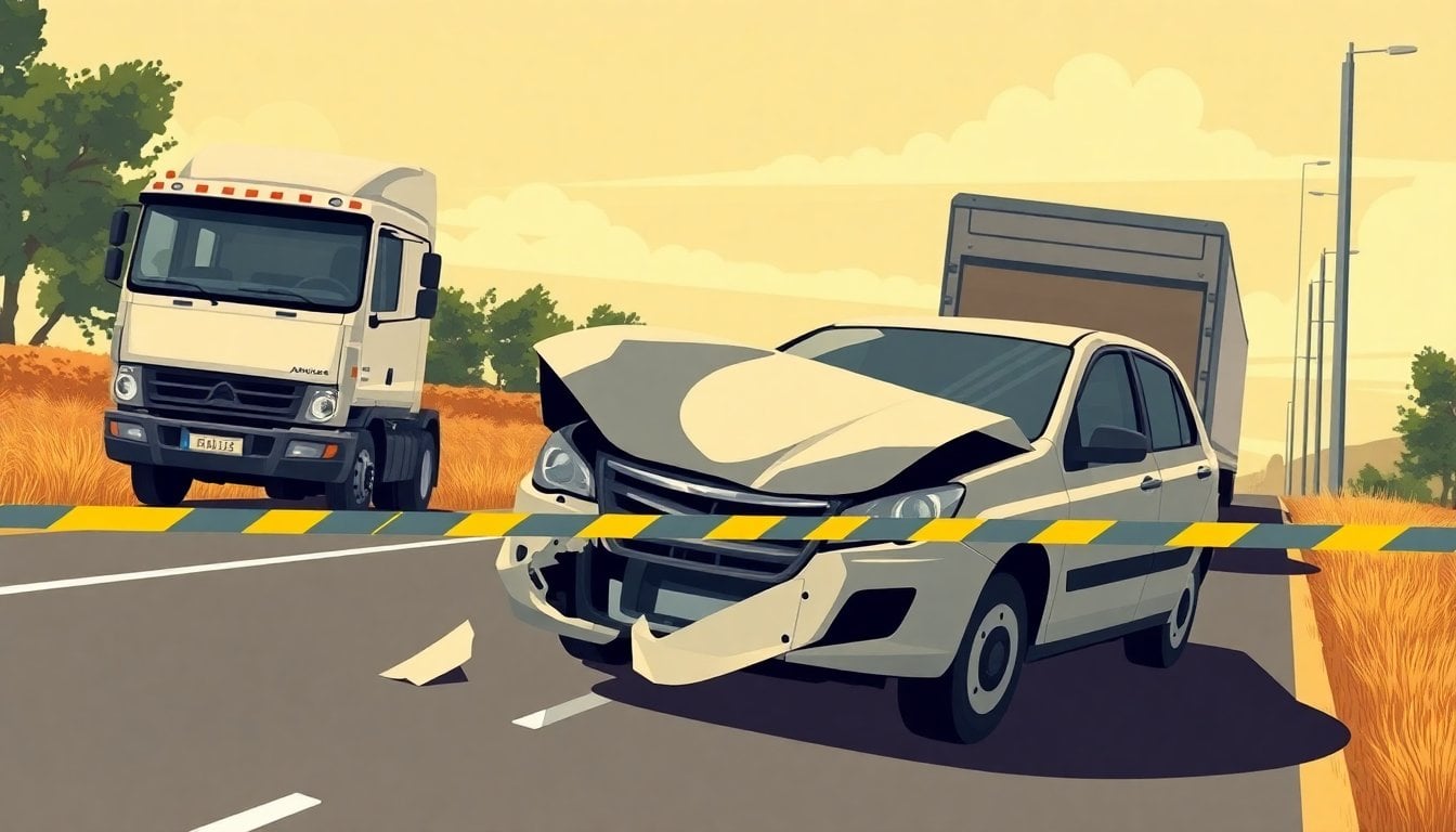 damaged car wreckage on Argentine rural highway after frontal collision with truck, police tape, daylight, no people in foreground