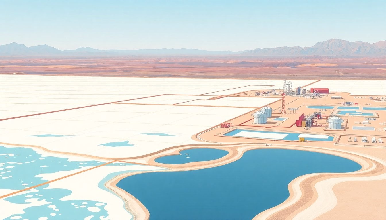 lithium salt flat mining operation in Argentine Puna, Salar Tres Quebradas Catamarca, aerial view of evaporation ponds and mineral processing facilities