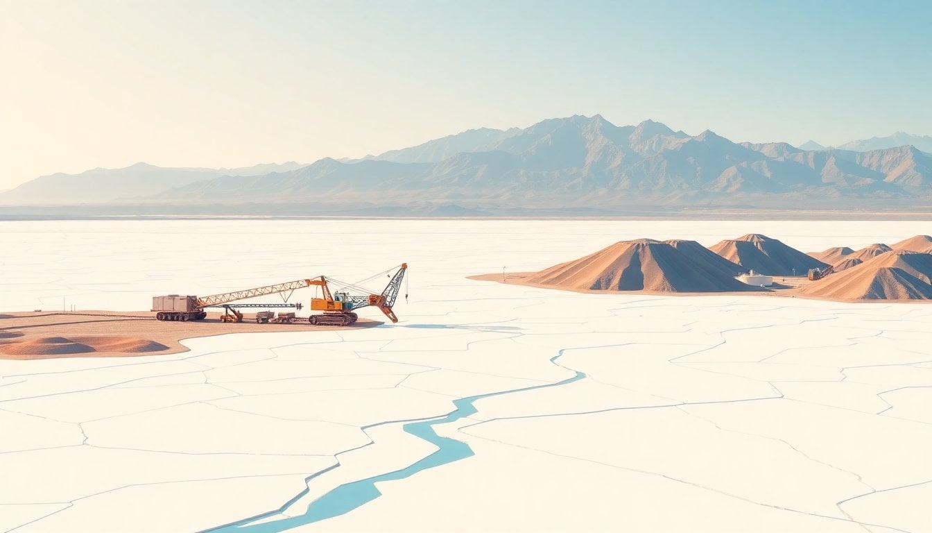 lithium salt flat mining operation in Catamarca Argentina, white salt crust landscape, mountains in background, aerial perspective, no people