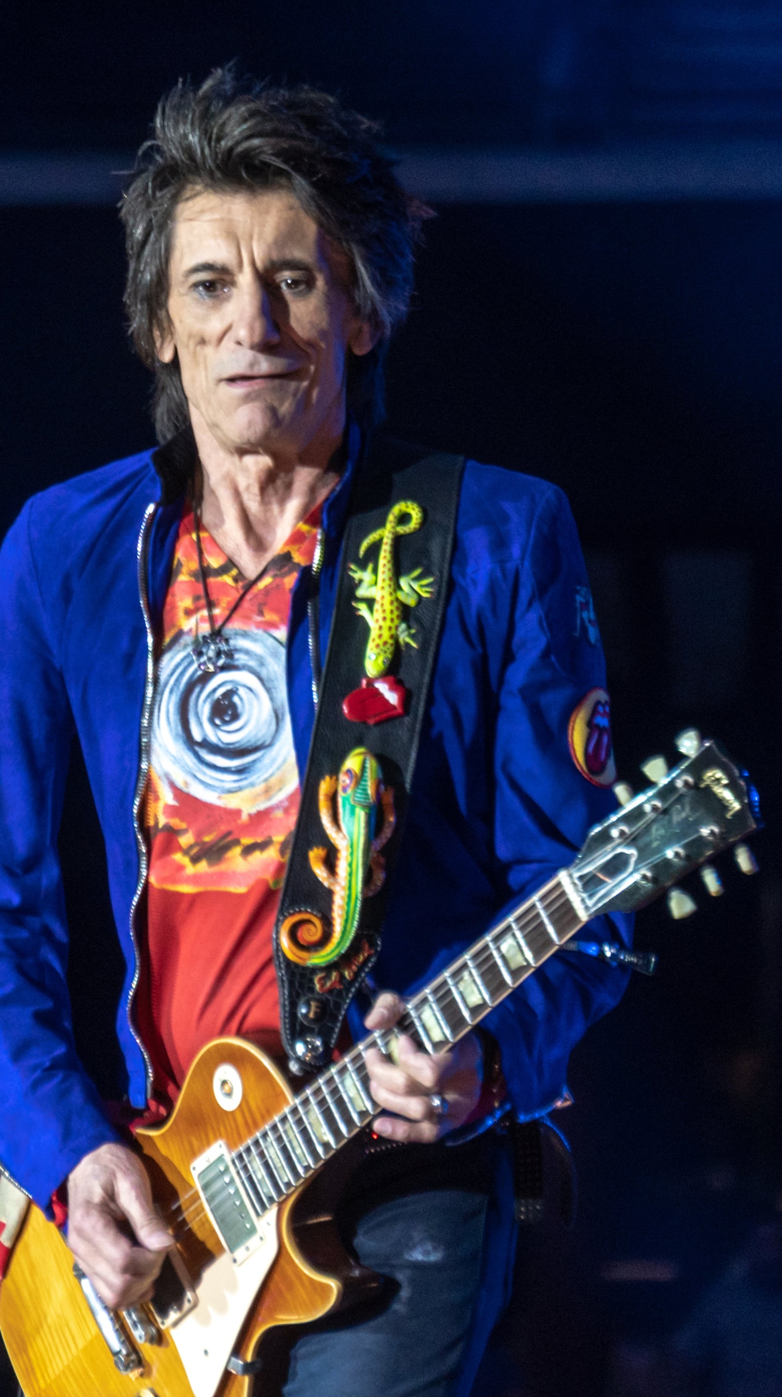Ronnie Wood plays guitar onstage during a Rolling Stones concert in London on 22 May 2018.