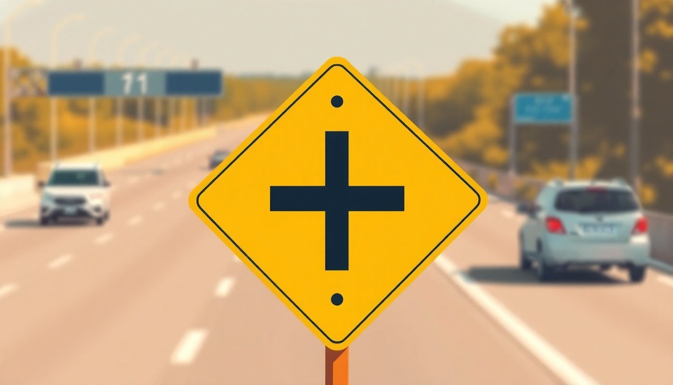 close-up of yellow diamond road sign with black cross on Argentine highway, blurred road background, daylight