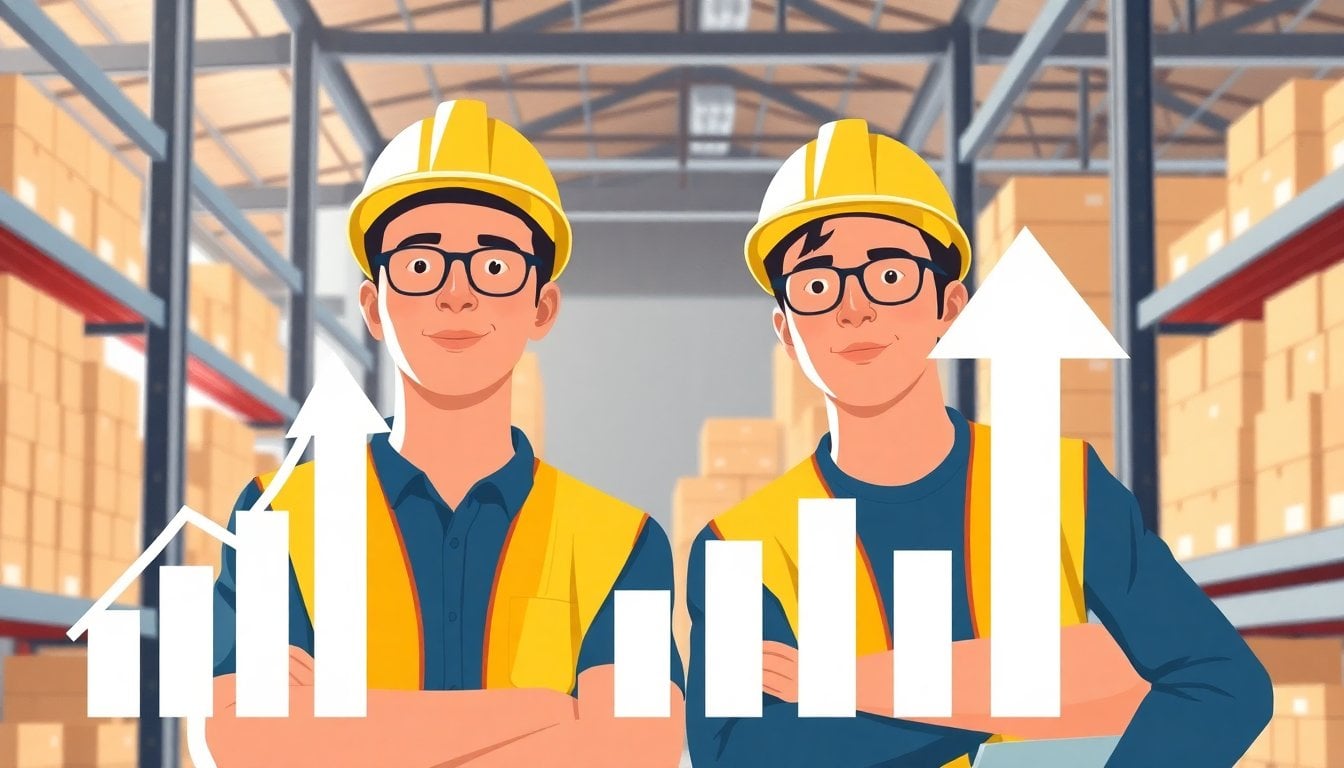 young Argentine workers in warehouse or logistics facility, hard hats and safety vests, shelving racks in background, natural industrial light, no faces in focus