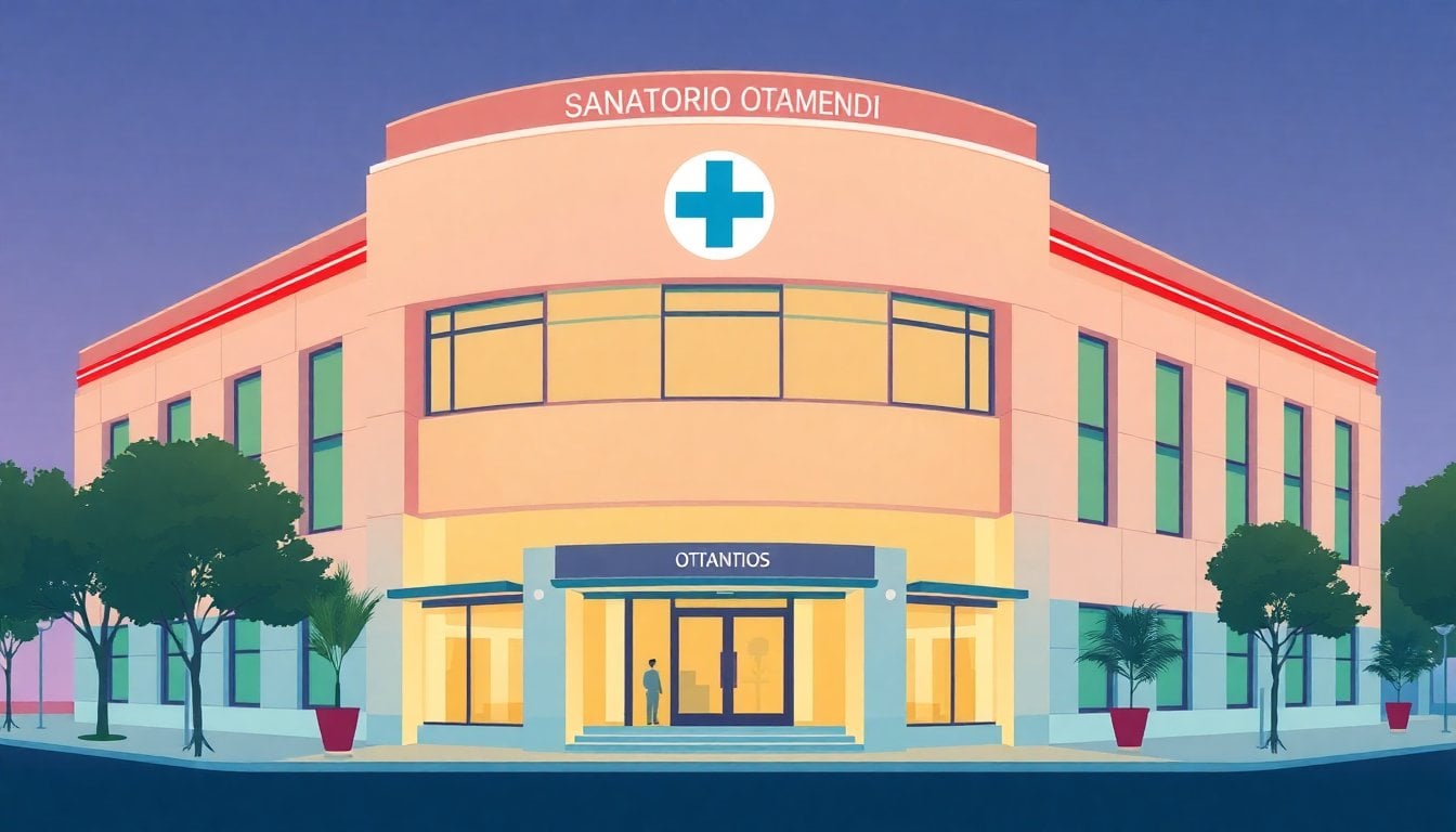 Sanatorio Otamendi building exterior facade in Buenos Aires, modern medical clinic, daytime