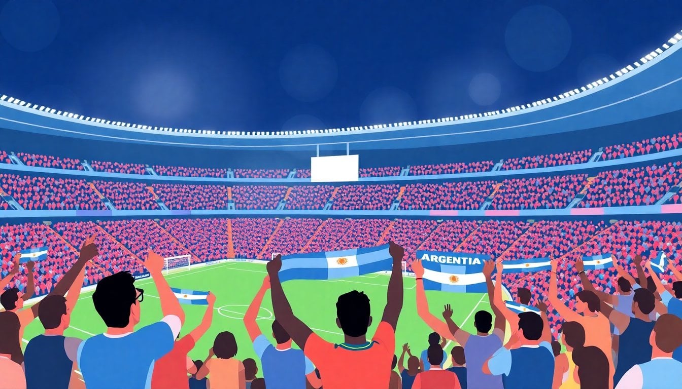 Atlanta soccer stadium packed with Argentine fans holding blue and white scarves during national anthem ceremony, colorful crowd, night lights