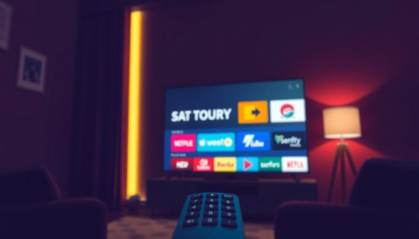 streaming service logos on a smart TV screen in a dark living room, remote control in foreground, shallow depth of field