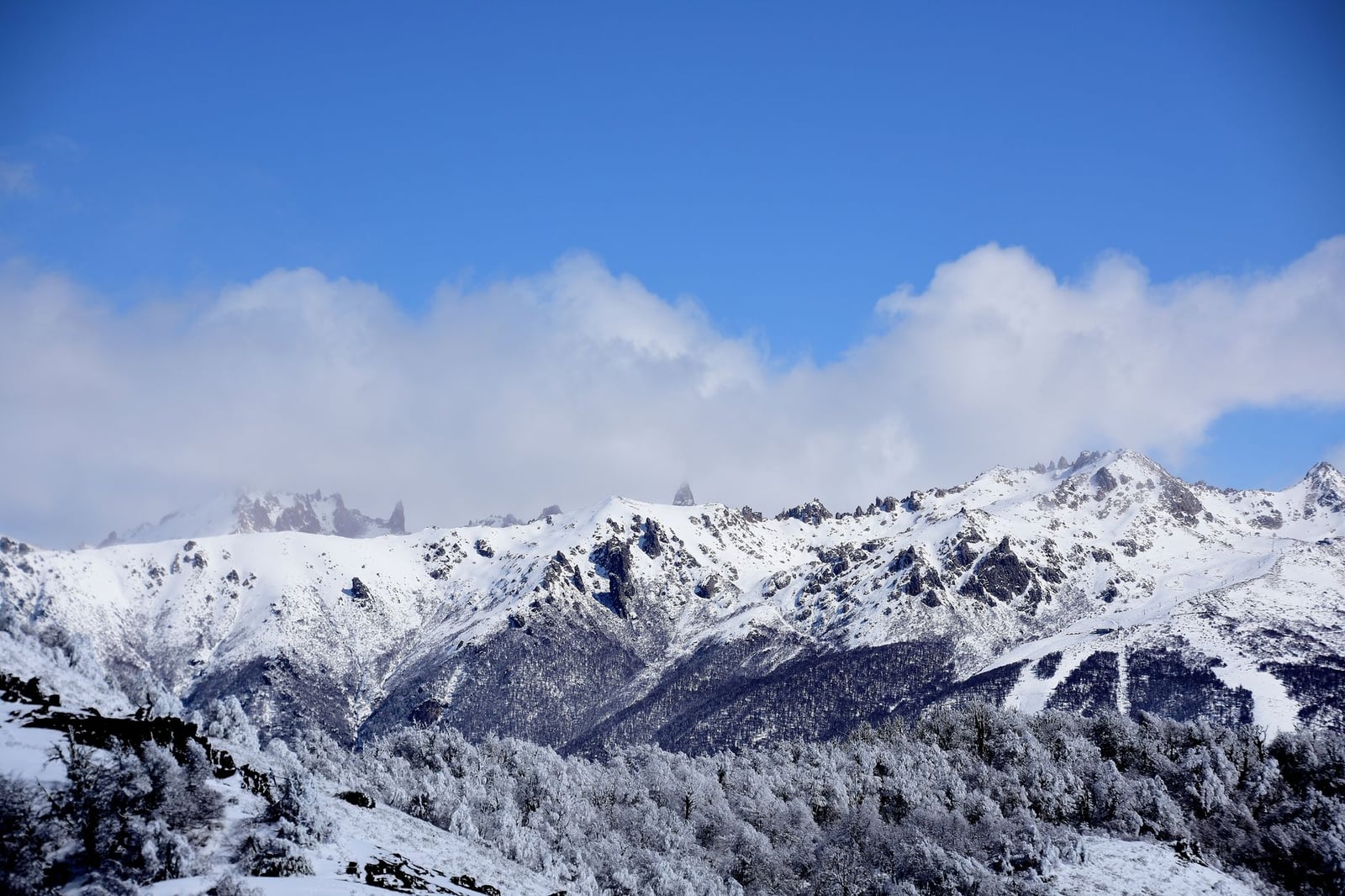 Impresionantes montañas nevadas bajo un cielo azul brillante en Bariloche, Argentina.