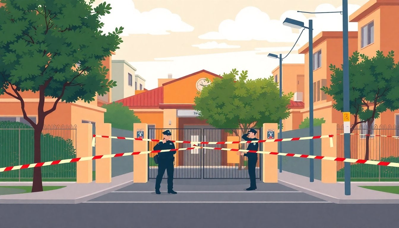 school entrance in Buenos Aires suburban neighborhood with police tape and patrol car, morning light, no students visible