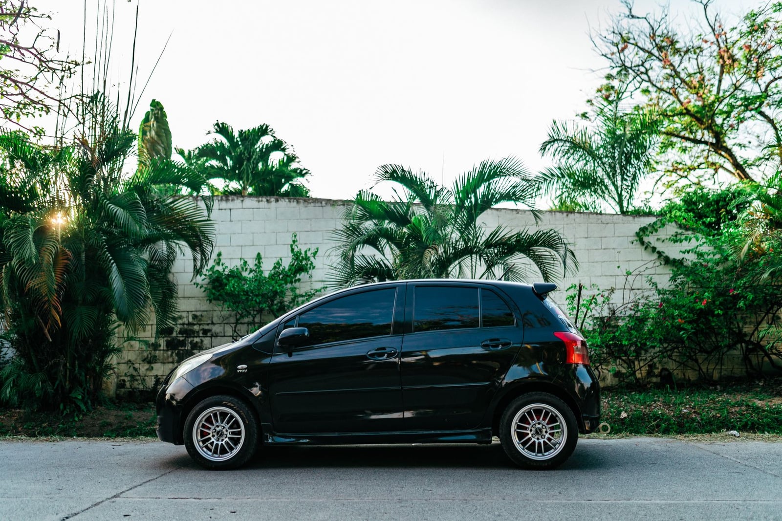 Un elegante Toyota Yaris negro aparcado frente a árboles verdes exuberantes en un entorno urbano.