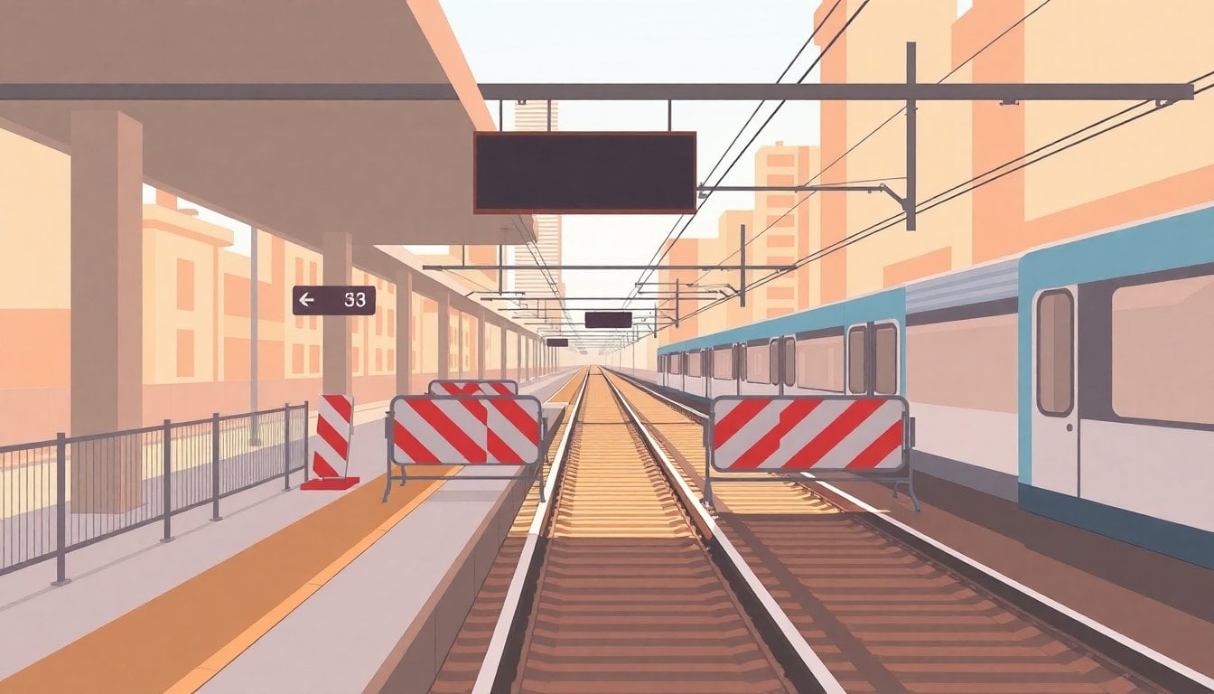 Mitre train station platform Buenos Aires, empty tracks, renovation work barriers, no passengers, daylight