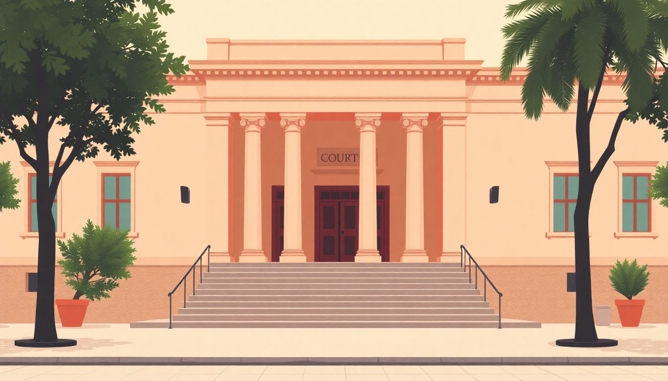 Argentine courthouse exterior facade with entrance steps, midday light, no people in foreground