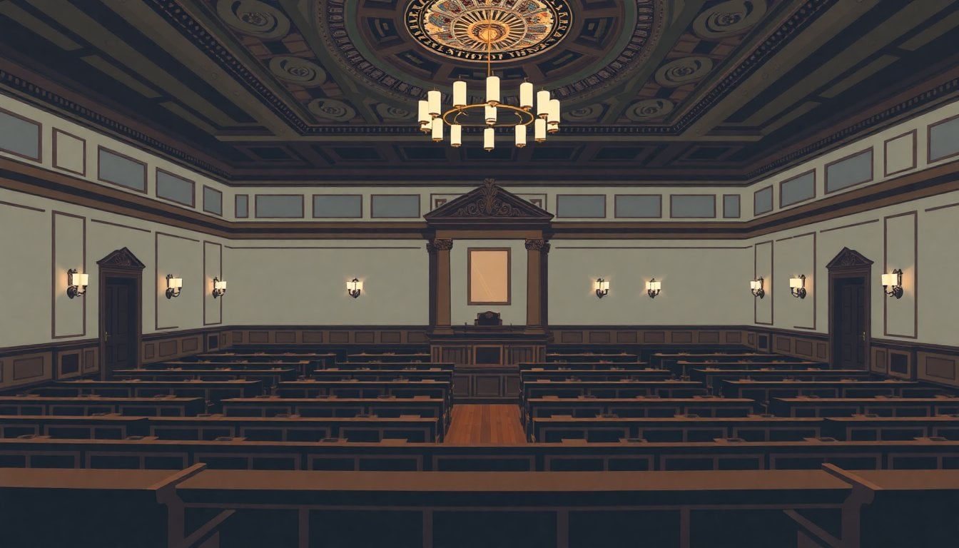 Argentine provincial Senate chamber interior, wooden benches and ornate ceiling, Buenos Aires Province legislature building