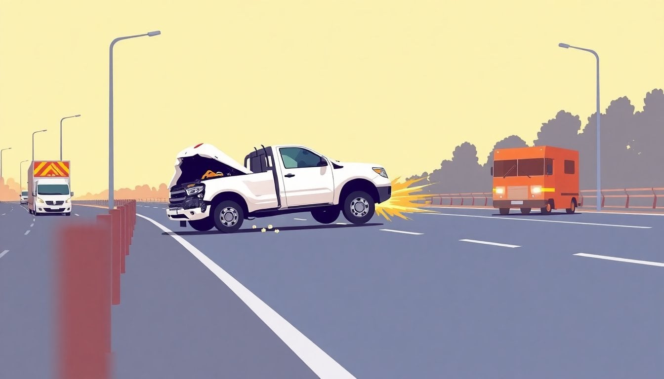 damaged pickup truck wreckage on Argentine highway after crash, guardrail collision, emergency response vehicles at scene