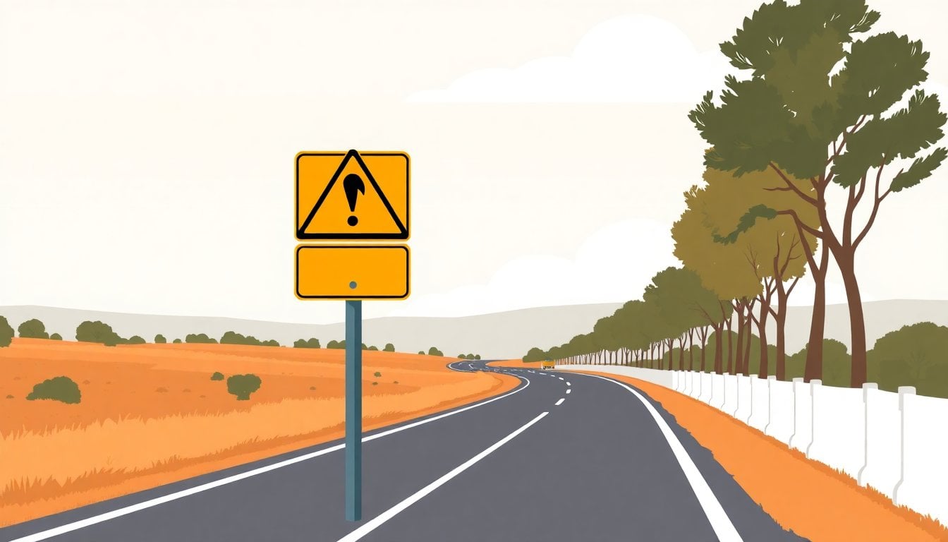 Argentine road traffic signs on highway pole, yellow warning sign and white regulatory sign, rural road, daytime, no people