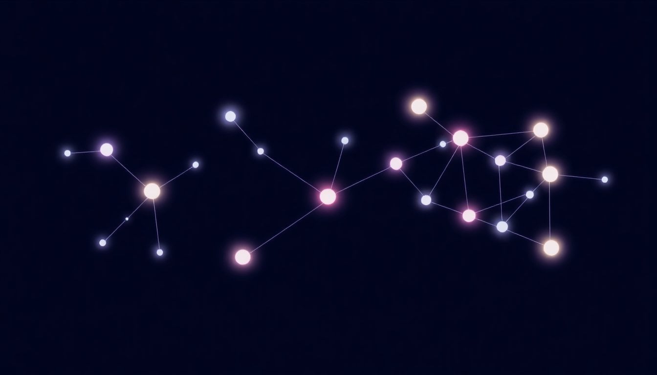 glowing neural network visualization on dark background with branching nodes representing AI decision paths, abstract digital art, no people