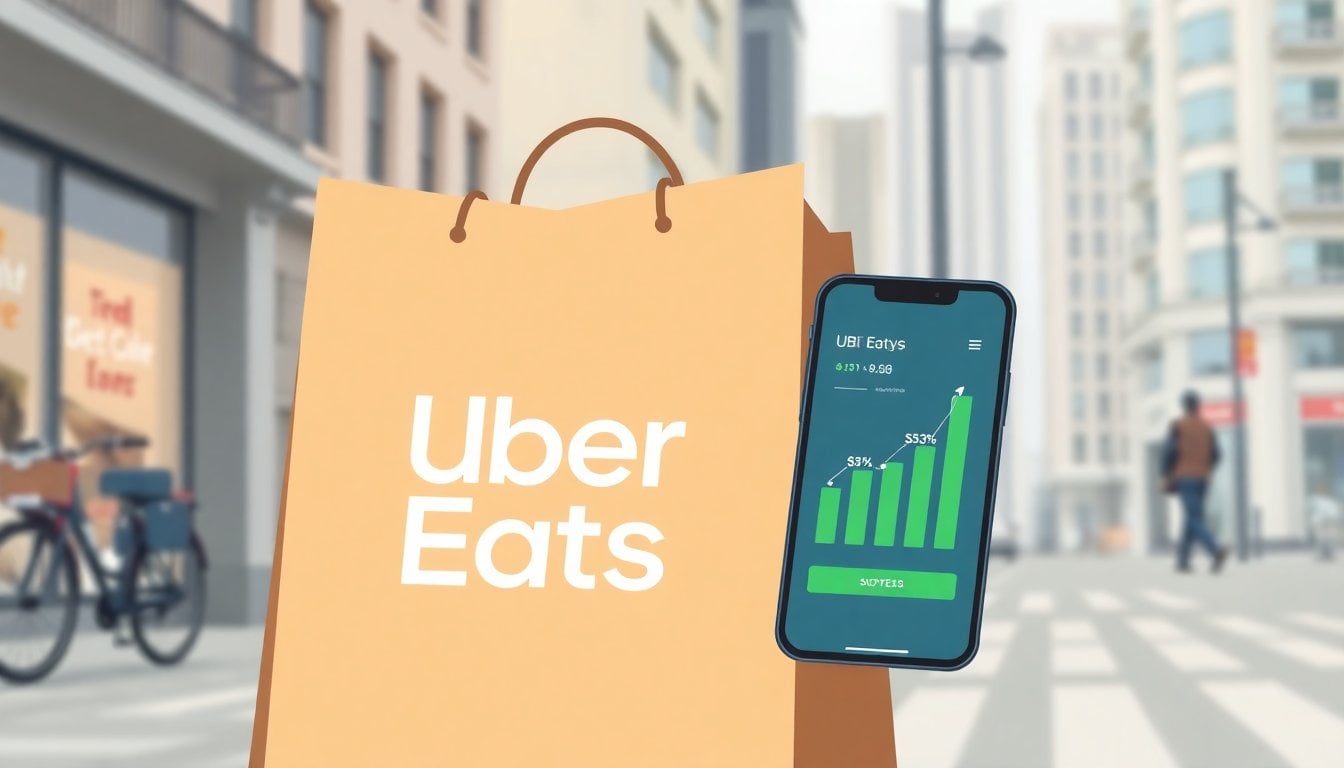 Uber Eats delivery bag and smartphone with food delivery app on screen, urban street background, close-up