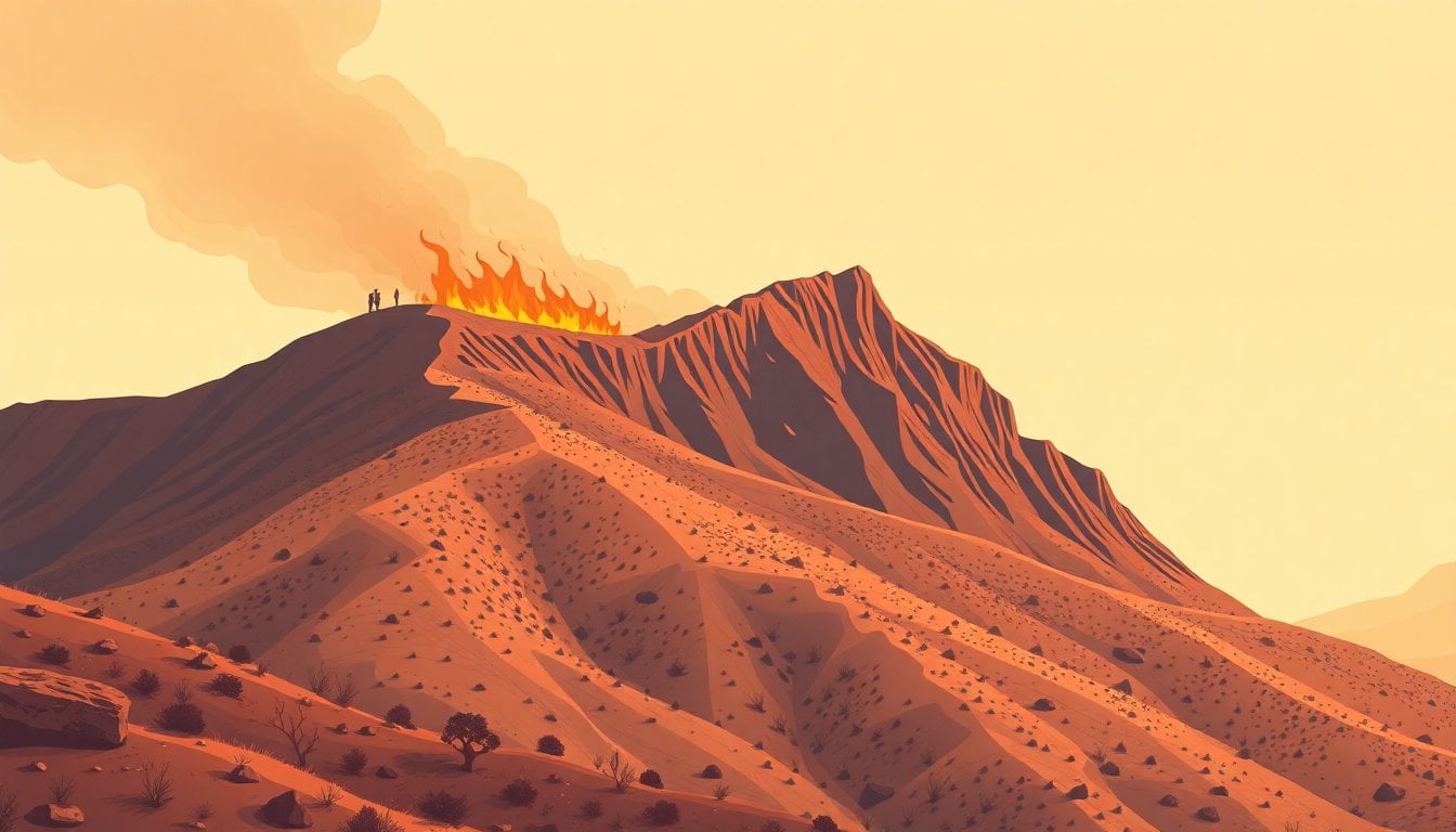 wildfire smoke rising over arid mountain landscape in Salta Argentina, dry vegetation burning on steep hillside, no people, daylight
