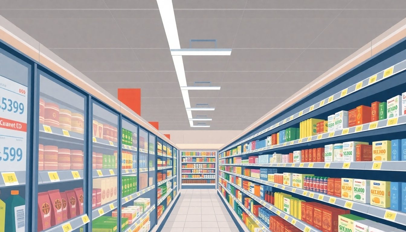 Argentine supermarket aisle with price tags and products on shelves, fluorescent lighting, no people, close-up on gondola