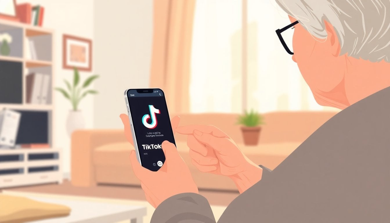elderly woman looking at smartphone screen showing TikTok interface, living room setting, soft afternoon light, close-up hands on phone