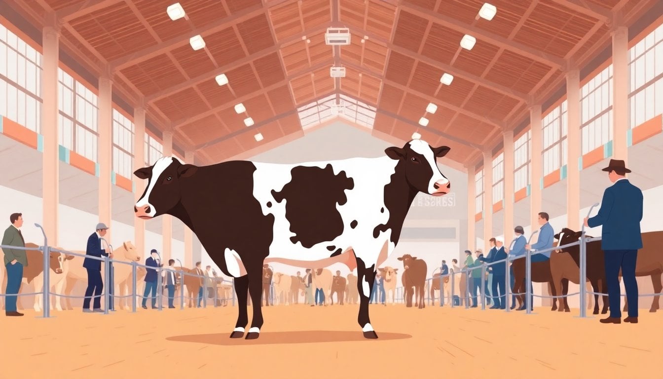 Brangus cattle at rural exposition in Argentina, livestock show arena with judges, well-lit indoor pavilion, no people in foreground