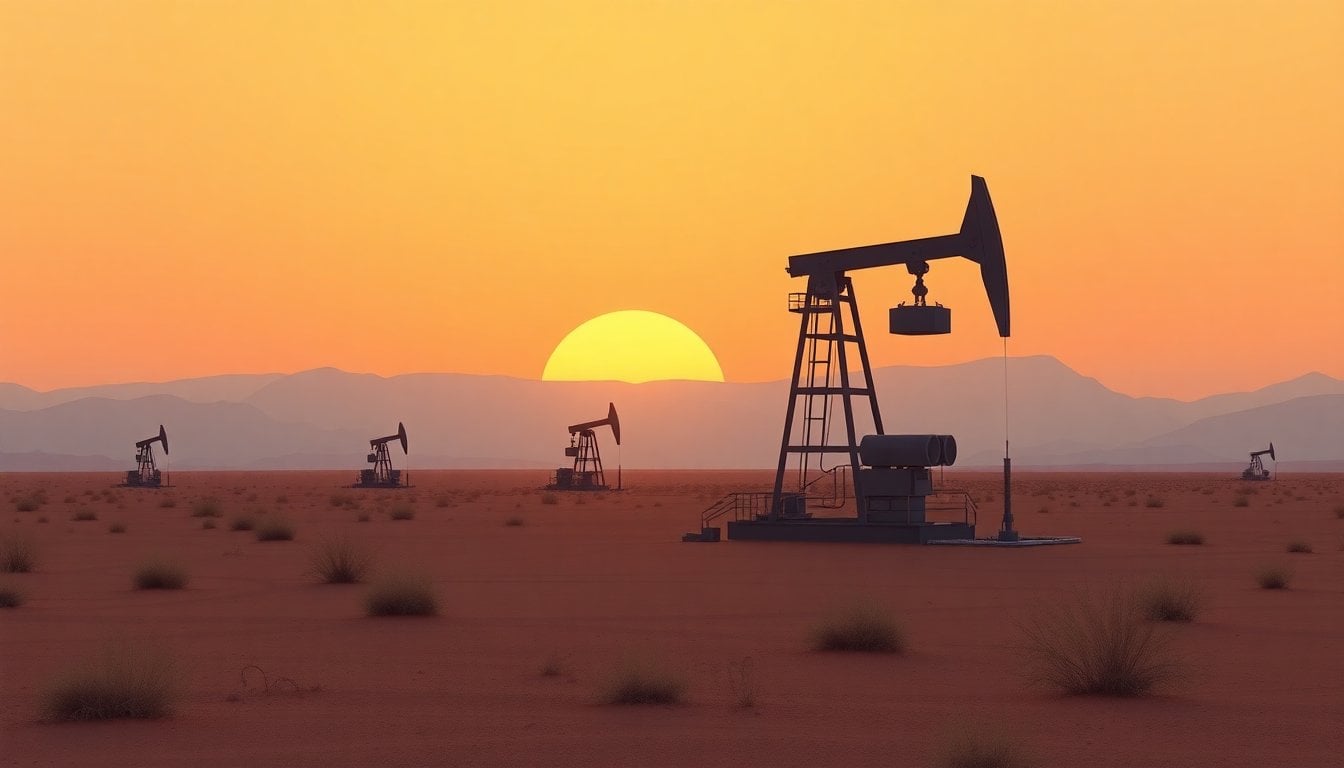 oil drilling rig in Patagonia Argentina desert landscape, pump jacks in arid terrain, wide shot at golden hour, no people