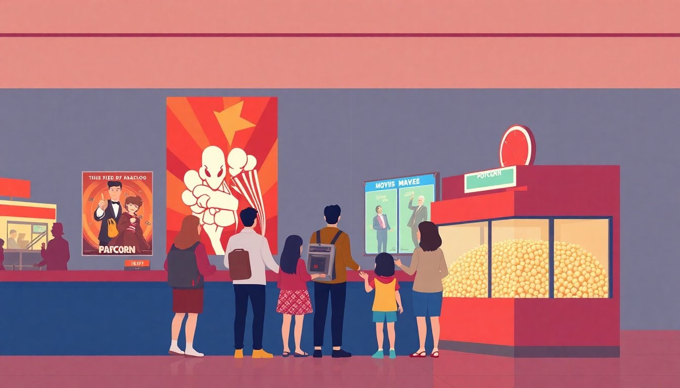 Argentine family at a cinema ticket counter with illuminated popcorn stand, large movie posters in background, indoor shopping mall setting