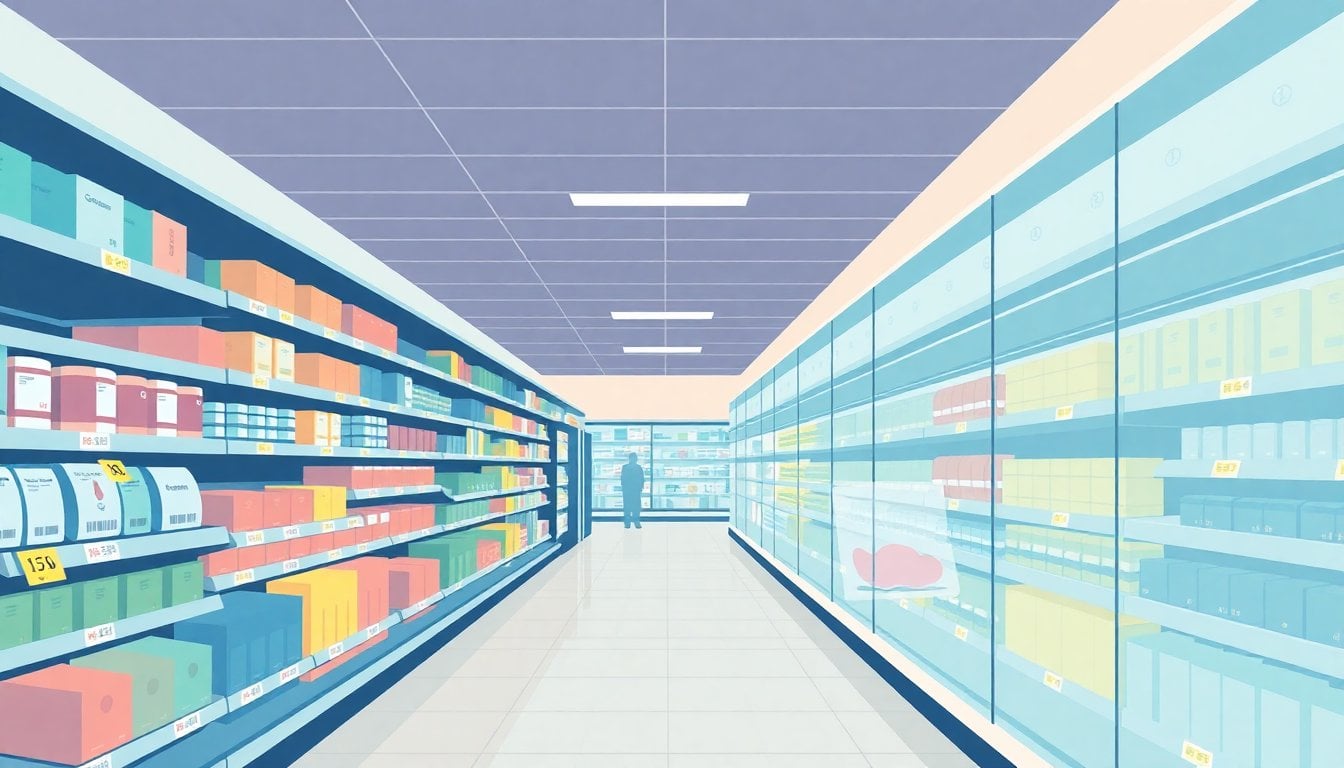 Argentine supermarket aisle with price tags visible on product shelves, fluorescent lighting, no people visible, wide angle